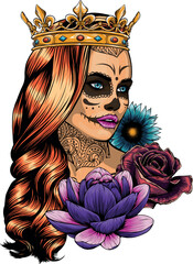 vector illustration of queen with crown and vintage flower