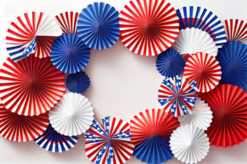 Frame made of USA flag color paper fans on white background. Generative Ai