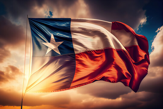 Labor day, Flag of Texas at cloudy sky background on sunset. Patriotic concept about state. Generative Ai