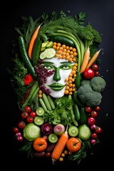 Woman face portrait composed and made of vegetables and fruits, flat lay top view, food art styling. Creative food concept. 