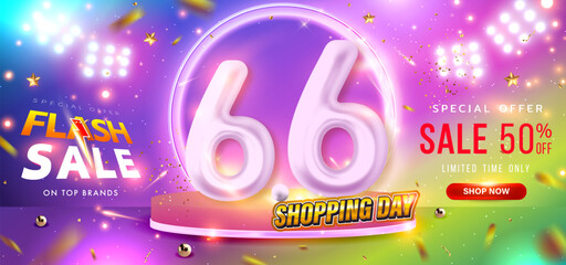 6.6 shopping day poster or banner on pink, purple and green background banner template design. Big sale event on the stage of the spotlight LED and neon lighting. Special Offer Sale 50% Off. Vector.