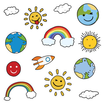 Set of hand drawn doodle weather icons. Vector illustration.
