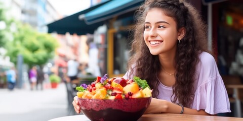 happy smiling young adult ready to each a delicious Acai fruit bowl at an outside café demonstrating healthy eating - generative AI  