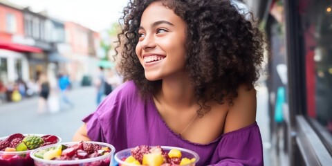 happy smiling young adult ready to each a delicious Acai fruit bowl at an outside caf&eacute; demonstrating healthy eating - generative AI  