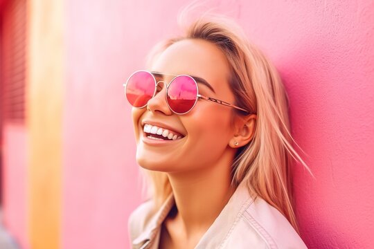 smiling young lady in pink sunglasses ai generated