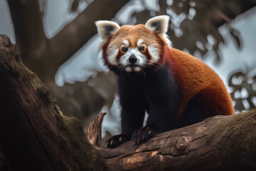 Fototapeta premium red panda on top of a tree, beautiful background, forest background, ai generated.