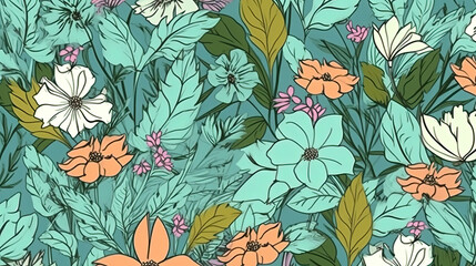 Seamless pattern with spring flowers and leaves AI generative
