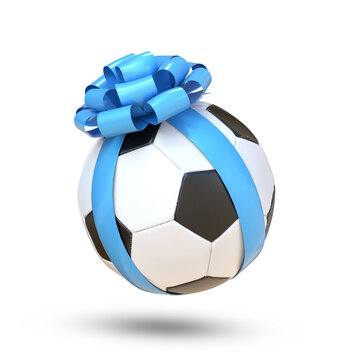 3D Rendering Soccer With Blue Bow Isolated On Transparent Background, PNG File Add
