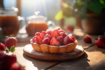 Delicious strawberry tart decorated with tasty fresh berries. Generative AI.