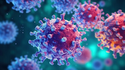 Fototapeta na wymiar covid-19 banner illustration, microscopic view of floating influenza virus cells, Generative Ai