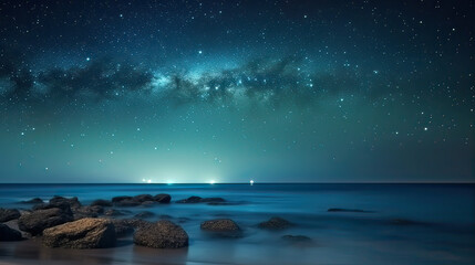 Fototapeta na wymiar beautiful seascape with glitter glowing sky in night AI generative