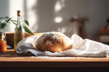 Fototapeta na wymiar Freshly baked ciabatta bread on a white kitchen towel on a wooden table. Generative AI.