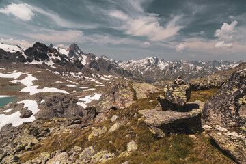 The beautiful mountains and lakes over La Thuile in a summer day