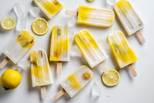 Ice popsicles with fresh lemon fruit slices. Generative AI illustration