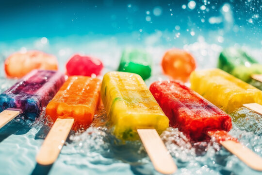 Colourful rainbow fruit ice pops. Tasty refreshing popsicles on hot day. Generative AI.