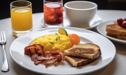  a plate of breakfast food with toast, eggs, bacon, and fruit.  generative ai
