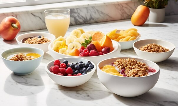  a table topped with bowls filled with fruit and cereal next to a glass of orange juice.  generative ai