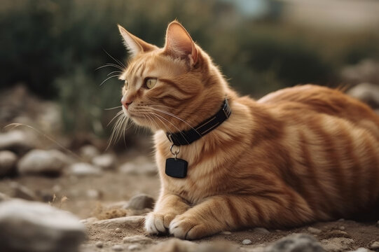 Cat walking outdoors wearing gps tracking device on his collar. Generative AI.