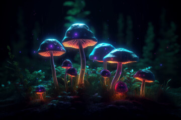 Fototapeta premium Magical hallucinogenic mushrooms glowing in dark forest at night. Generative AI.