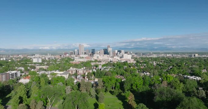 Aerial view of Denver Colorado city skyline on beautiful sunny clear day