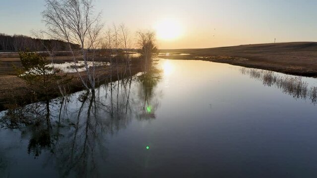 Migratory birds over river Talkara during the flood period. Sunset time. Akmola Region, Kazakhstan.
