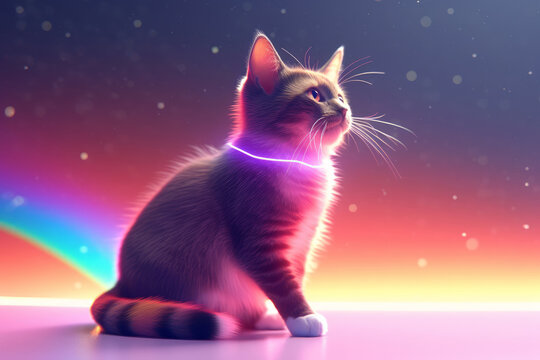 Cute shining neon coloured kitten wearing glowing collar on abstract space background. Generative AI.