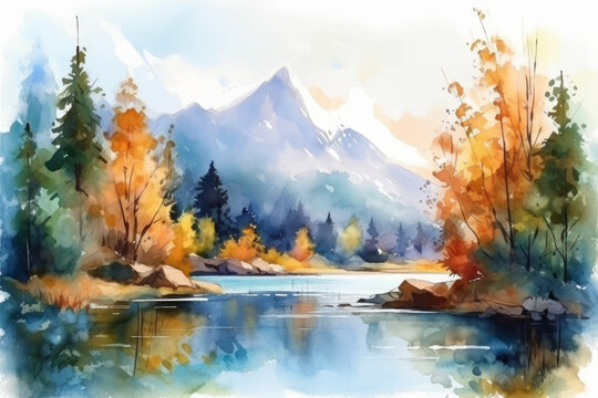 Watercolor illustration of a scenic mountain landspace at autumn. Generative AI.