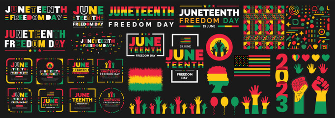 Juneteenth Freedom Day element set, social media post banner, and typography  bundle. usa flag, pattern, text, bundle use to background, banner, card, poster. African American Independence Day bundle.