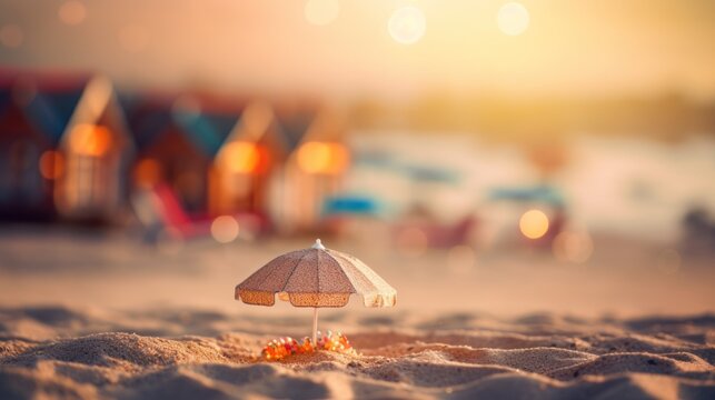 Tropical summer sand beach and bokeh sun light on sea background. Generative AI