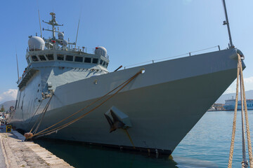 Motril, Granada-Spain; May 31 - 2023: View of the stern of a Spanish Navy warship in the harbour....