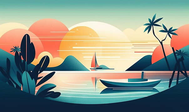  a painting of a sunset with a boat and palm trees.  generative ai
