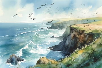 Watercolor illustration of a scenic Irish landspace. Generative AI. - obrazy, fototapety, plakaty