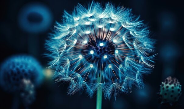  a blue dandelion with a black background and a blurry image.  generative ai