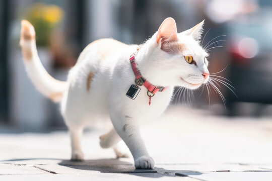 Cat walking outdoors wearing gps tracking device on his collar. Generative AI.