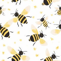 Cute seamless bee pattern, repeat background tile wallpaper illustration doodle textile design, seamless pattern, suitable for printing wrapping paper, Generative Ai