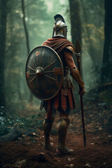 Illustration of a Spartan warrior in traditional armor, and a Corinthian helmet, ancient Greek military, view from the back. ai generated