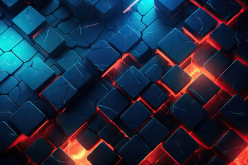 Generative AI illustration of abstract background with blue and red glowing cubes