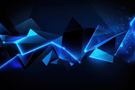 Generative AI illustration of an abstract blue background with 3d glowing polygonal shapes