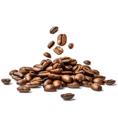 Falling coffee beans isolated on a white or transparent background, png