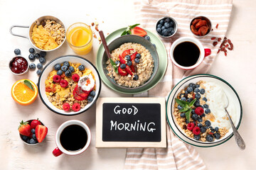 Healthy breakfast set. The concept of delicious and healthy food.