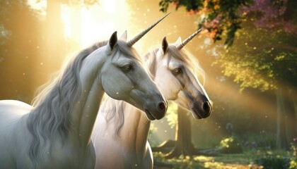 Naklejka na ściany i meble Unicorns gracefully prancing in a mystical forest their horns glimmering in the golden light AI generated