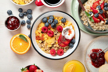 Healthy breakfast set. The concept of delicious and healthy food.