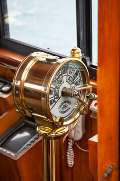 Queenstown, New Zealand - Jan 10, 2010: Real Journeys touristic steamship TSS Earnslaw vintage Chadburn (engine order telegraph) set on Full Ahead