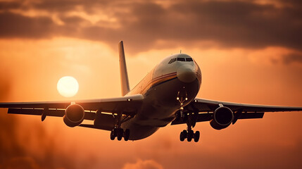 Fototapeta na wymiar Passenger plane in the sky at sunset. Generative AI