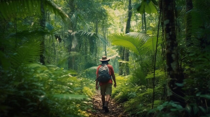 Fototapeta premium Traveler in the woods. Generative AI