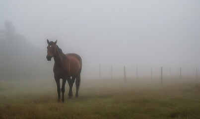 a horse standing in a field on a foggy day.  generative ai