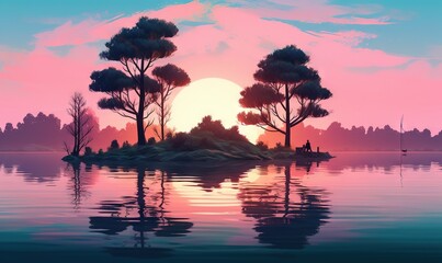  a painting of a sunset with a small island in the middle of the water.  generative ai