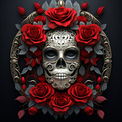 Mexican style sugar skull and red roses.Generative AI	