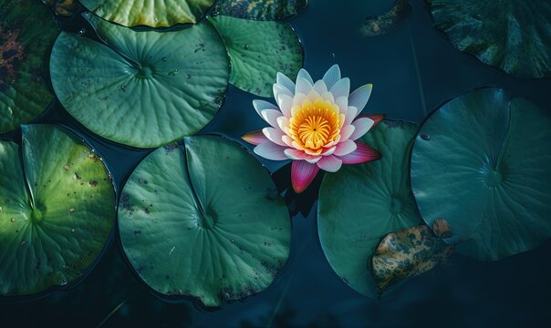  a pink and yellow flower sitting on top of a green lily pad.  generative ai