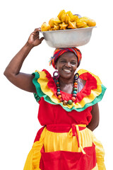Happy, smiling Palenquera fresh fruit street vendor typical of Cartagena, Colombia, isolated in transparent PNG. Cheerful Afro-Colombian woman in traditional clothing, Colombian culture and lifestyle.